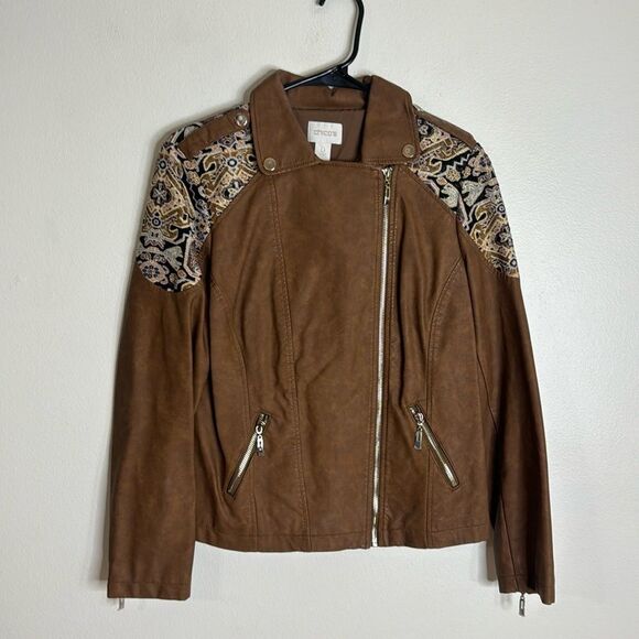Chicos Faux-Leather embroidered Jacquard Moto Jacket size 0 - Picture 1 of 13